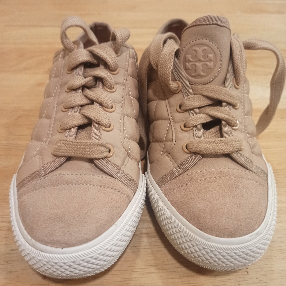 Tory Burch Quilted Tan Sneakers with White Soles